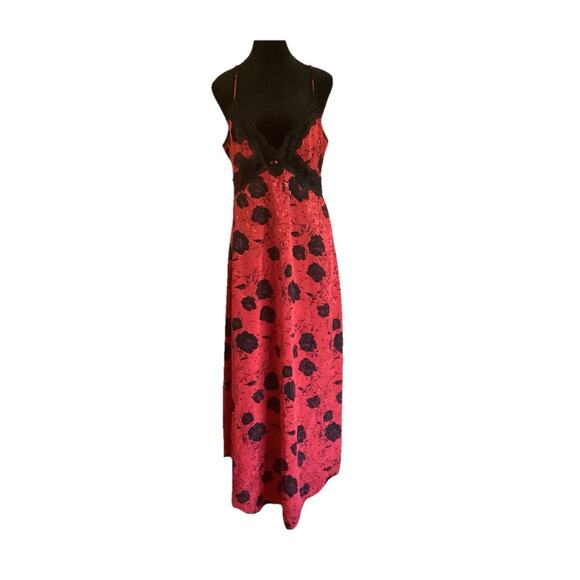 Lily of France Vintage Maxi Slip Dress Lingerie Large Red Floral 70’s Union Made - Picture 1 of 15